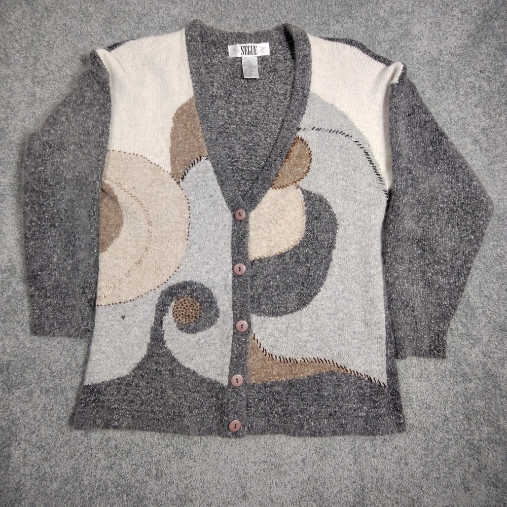 SEGUE Womens Silk Angora Blend Abstract Cardigan Sweater Gray Large RN 63757